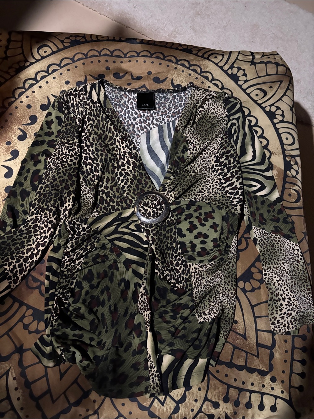 Animal-Print Wrap Blouse with Ring Detail - Olive/Black
